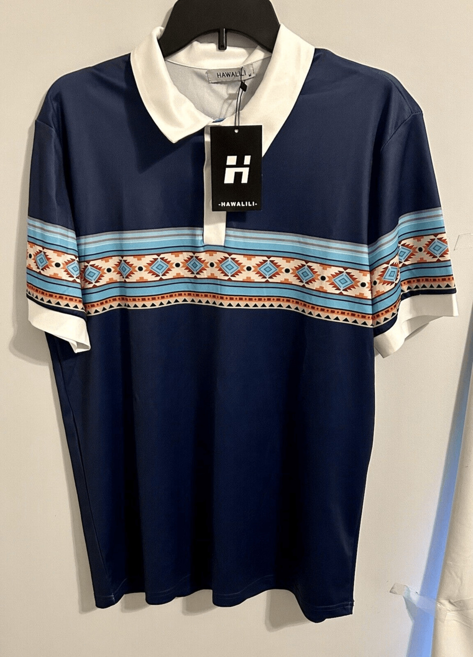 Hawalili Men’s Blue Southwest Pattern Polo Shirt Sz Medium NWT